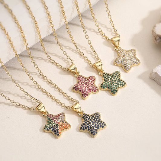 Minimalist Vintage Gold Plated Brass Star Pendant Necklace with Cubic Zirconia for Women
