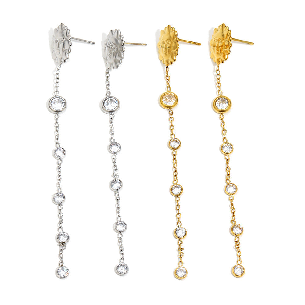 Minimalist 18K Gold Plated Stainless Steel Geometric Round Cubic Zirconia Sun Tassel Earrings