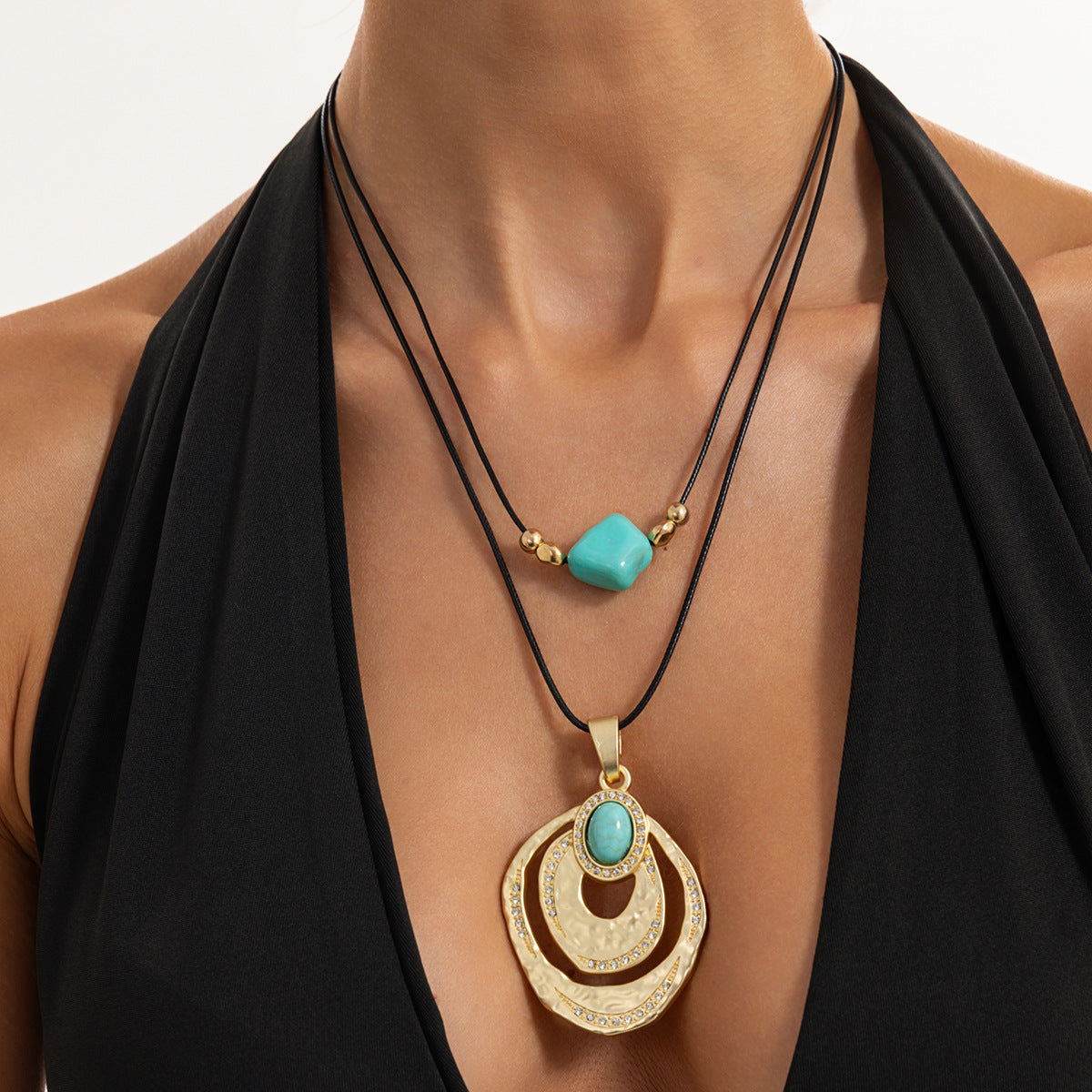 Bohemian Vintage Geometric Resin Zinc Alloy Rhinestone Pendant Necklace for Women
