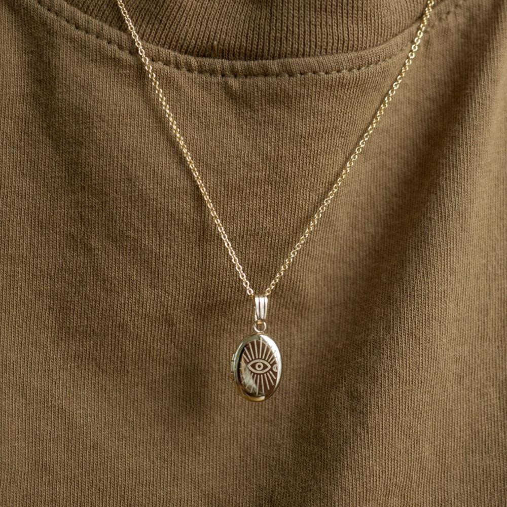 Vintage Oval Sun Moon Evil Eye Opening Photo Locket Necklace for Pets on Copper Snake Chain with Geometric Design