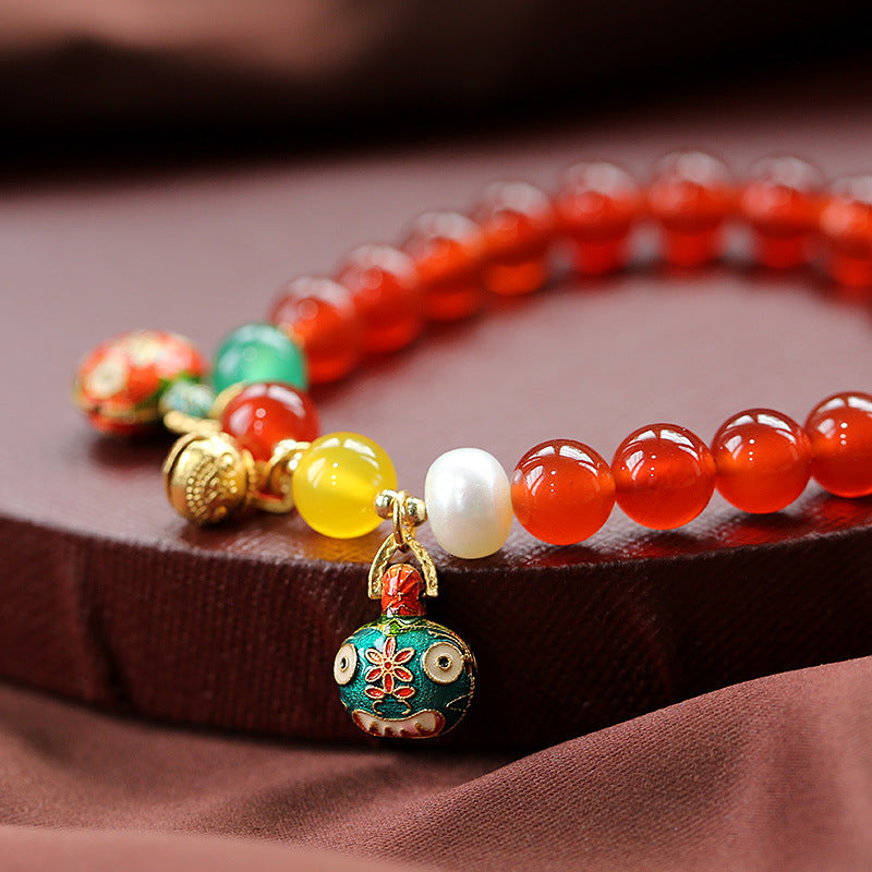 New Chinese Style Animal-Shaped Titanium Steel Bracelet with Crystal and Natural Red Agate Beads for Women