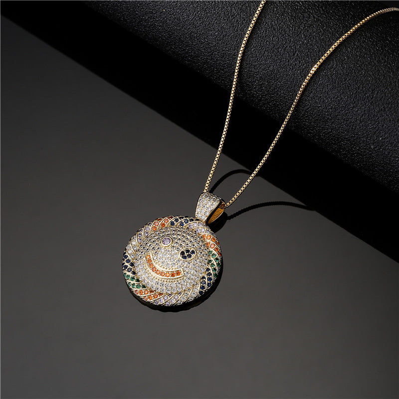 Hip-hop Punk Geometric Micro-inlay Cubic Zirconia 18K Gold Plated Brass Smile Face Necklace Box Chain
