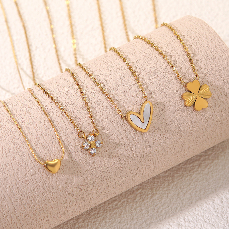 Luxury 18K Gold Plated Stainless Steel Heart Floral Cubic Zirconia Necklace for Women
