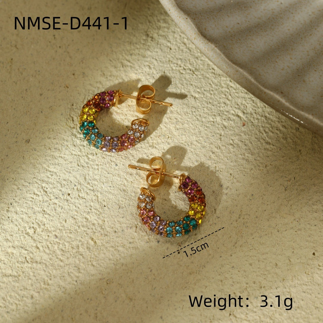 Pendientes minimalistas de acero inoxidable en forma de C con perlas y circonitas incrustadas para mujer
