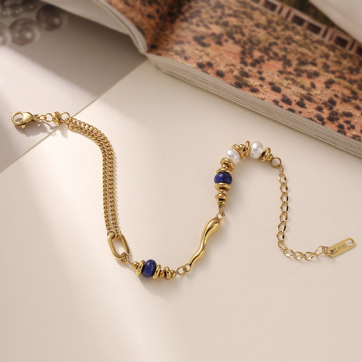 18K Gold Plated Geometric Pearl Stainless Steel Bracelet for Women