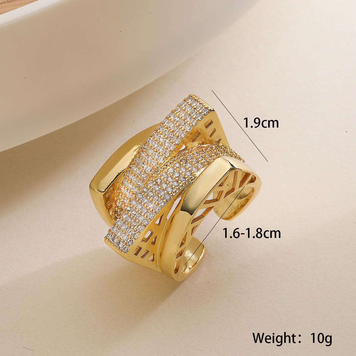 Anello aperto geometrico vintage alla moda, micro-incastonato con zirconi cubici, placcato oro 18 carati, in rame, a fascia larga, da donna