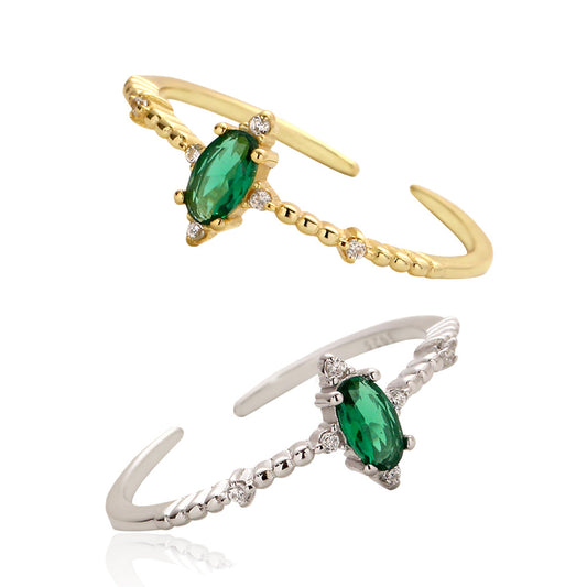 Anillo de lujo elegante geométrico de plata de ley 925 con circonita cúbica esmeralda, diseño redondo ovalado abierto para mujer