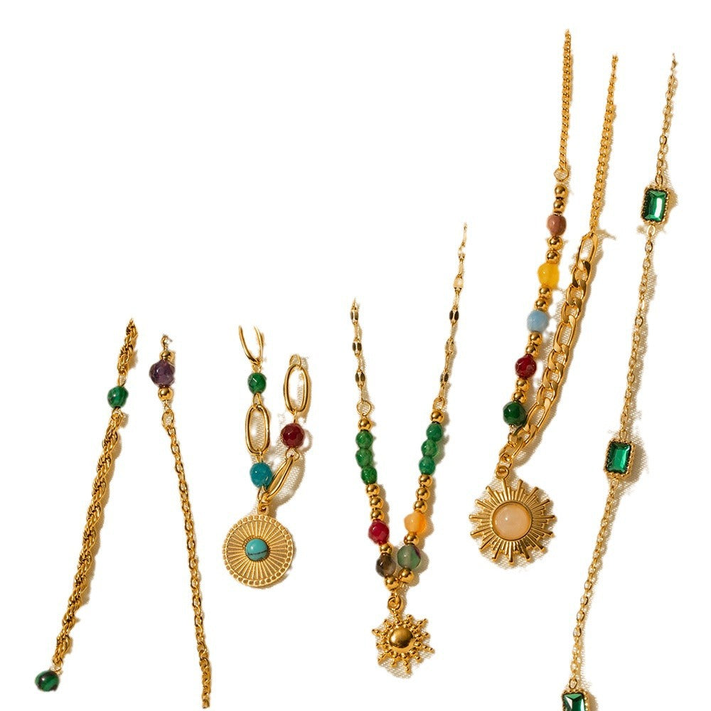 Collar multicapa de moda con cuentas turquesas de acero inoxidable chapado en oro de 18 quilates con diseño geométrico para mujer