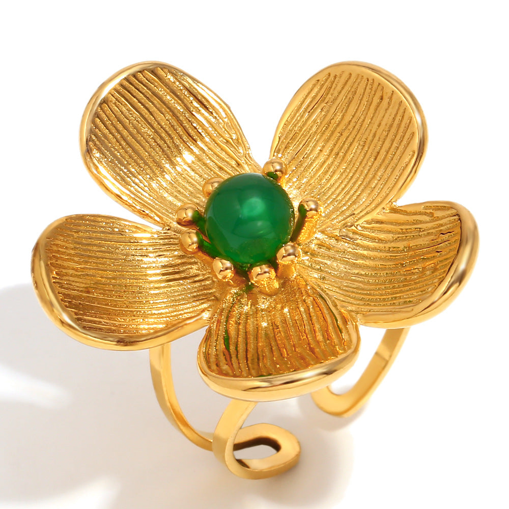 Vintage Floral Stainless Steel Ring with 18K Gold Plating and Emerald Accents for Women