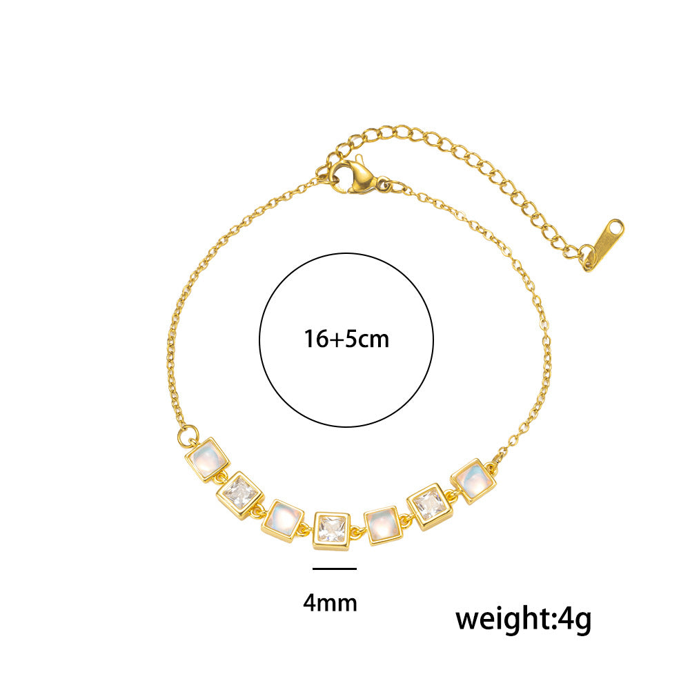 Bracciale da donna di lusso geometrico quadrato con occhio di gatto e zirconi, in acciaio al titanio con intarsi di strass e placcatura anti-ossidazione