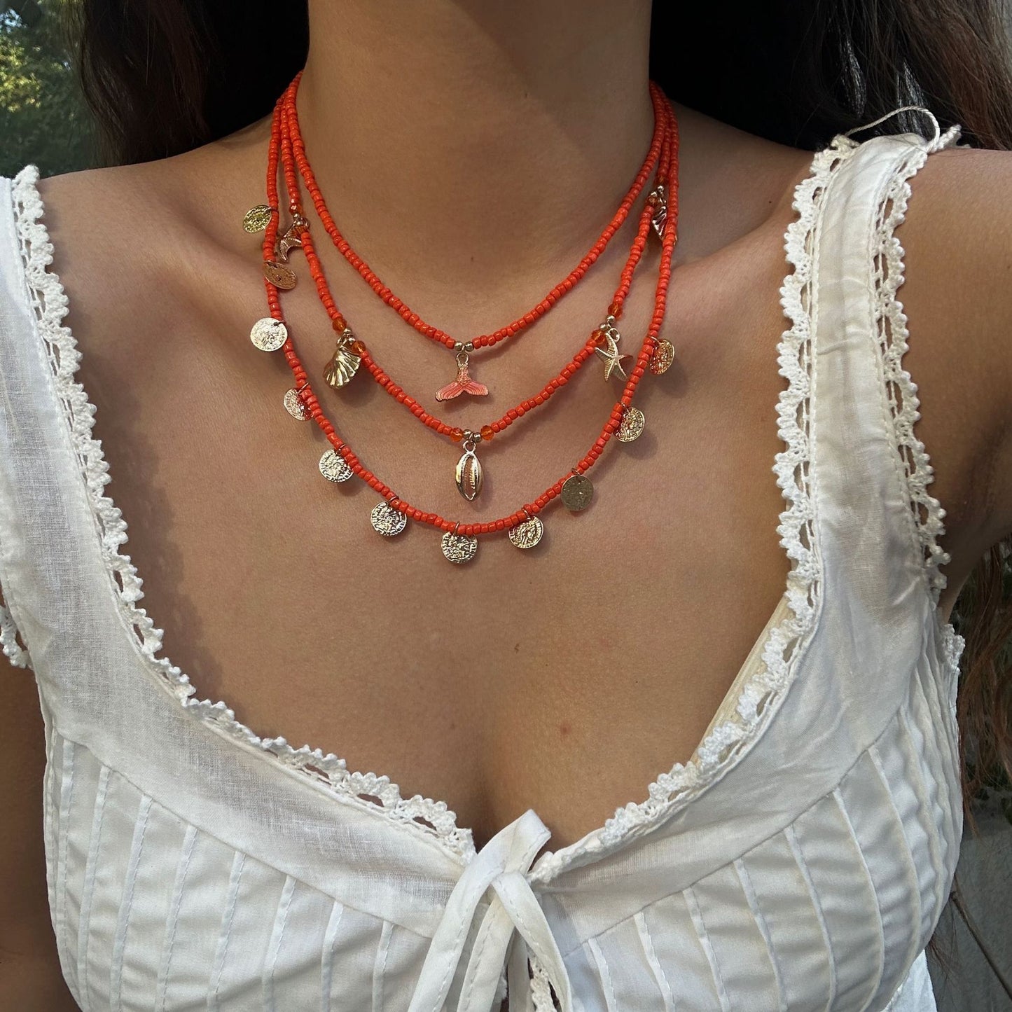 Personality Mermaid Tassel Pendant Necklace Set Alloy Plated Multi-layer Cable Chain for Women