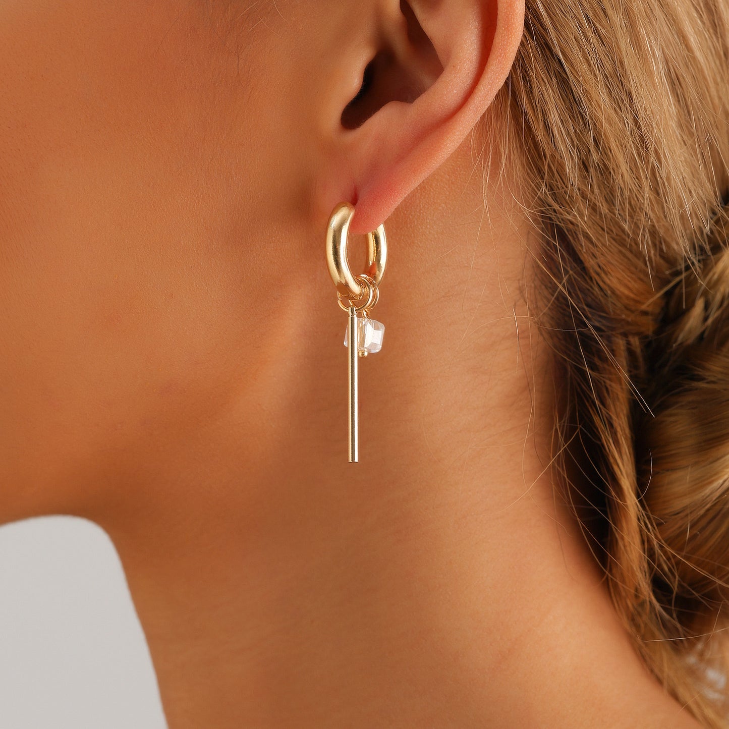 Geometric Asymmetrical Long Bar Crystal Beaded Hoop Earrings in Metal with Electroplating Finish