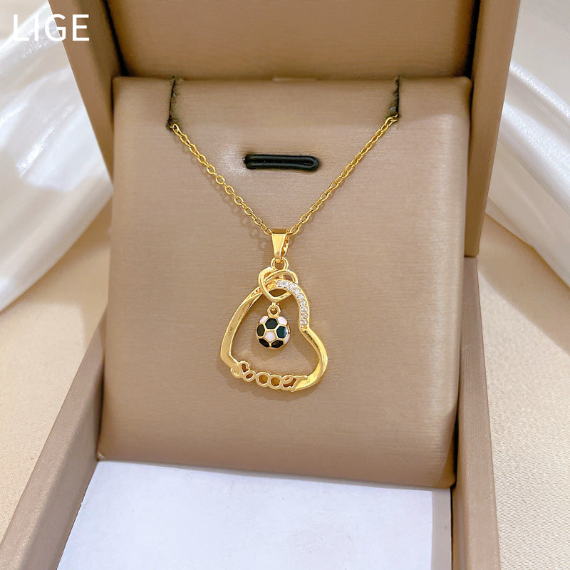 Sweet Luxury Heart Geometric Rhinestone Pendant Titanium Steel Necklace for Unisex