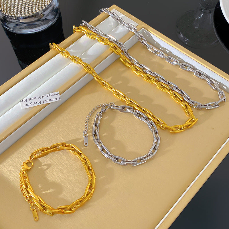 18K Gold Plated Titanium Steel Geometric Chain Necklace and Bracelet Set for Unisex
