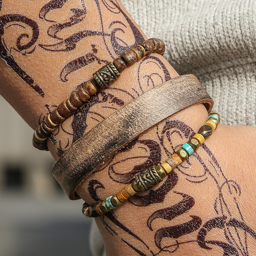 Vintage Round Leather Alloy DIY Charm Bar Bracelet Set Unisex