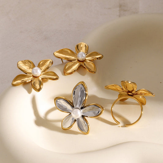 18K Gold Plated Stainless Steel Floral Pearl Stud Earrings for Women