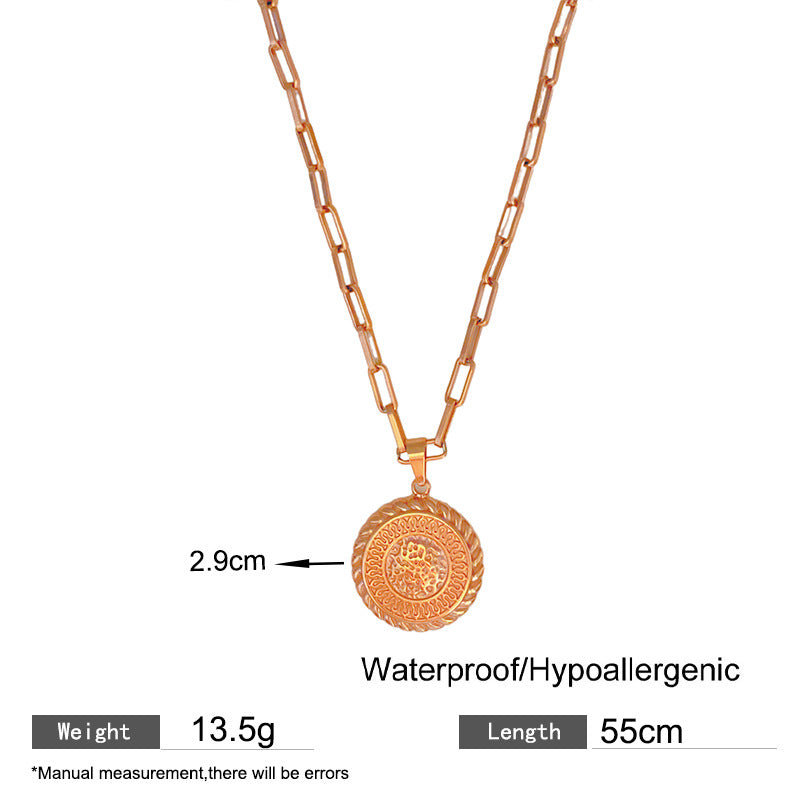 Sweet Streetwear Round Heart Floral Pattern Titanium Steel PVD Pendant Necklace with Curb Chain