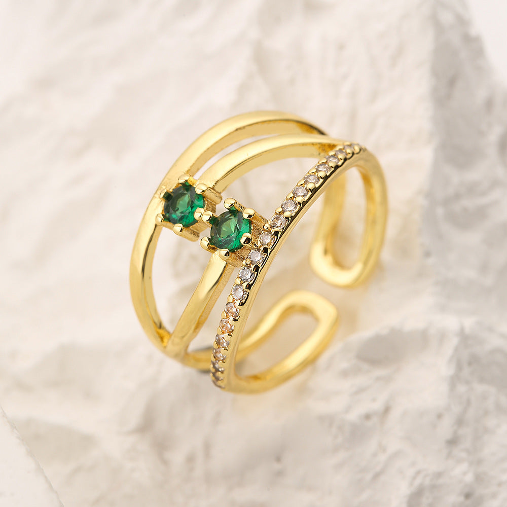 Minimalist Geometric Hollow-Out Zirconia-Set Copper Ring for Women with Irregular Design and Premium Finish