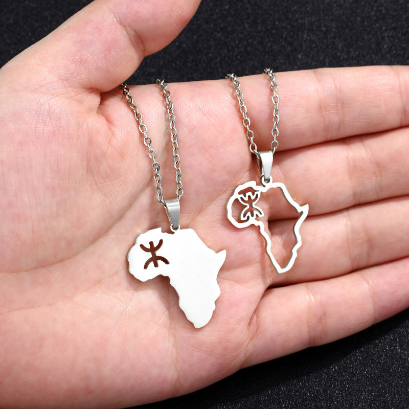 Collar con Colgante de Mapa Geométrico Africano Estilo Tribal Bereber en Acero Inoxidable con Acabado Chapado para Unisex