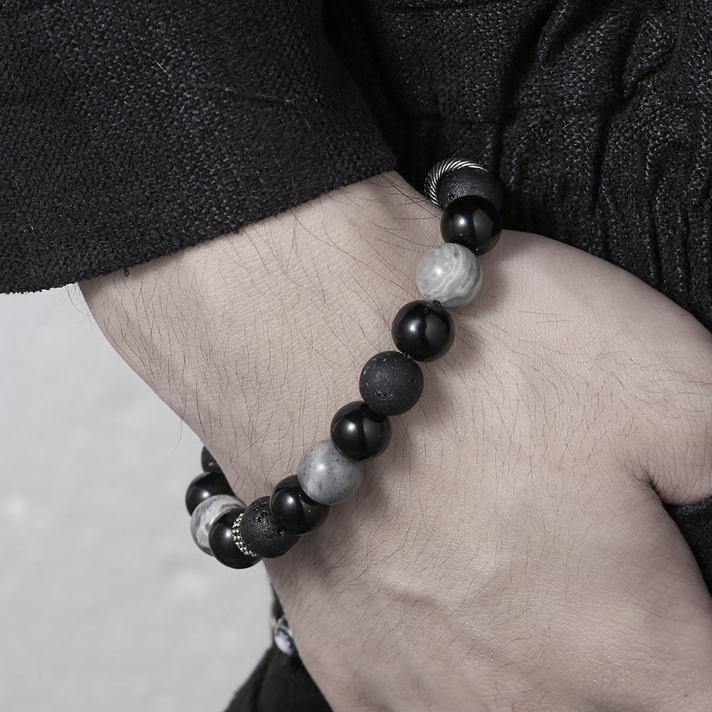 Geometric Black Agate and Brass Beaded Bracelet with Cubic Zirconia Inlay