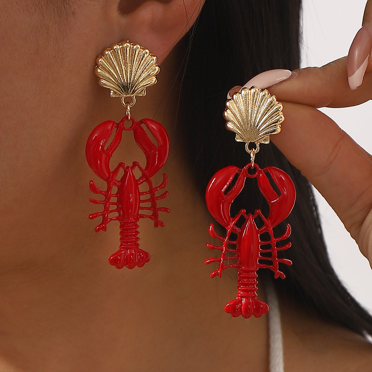 Red Lobster Pendant Necklace for Women, Alloy with Enamel Finish, Animal-Shaped, Summer Beach Vacation Jewelry, Unique and Trendy Design