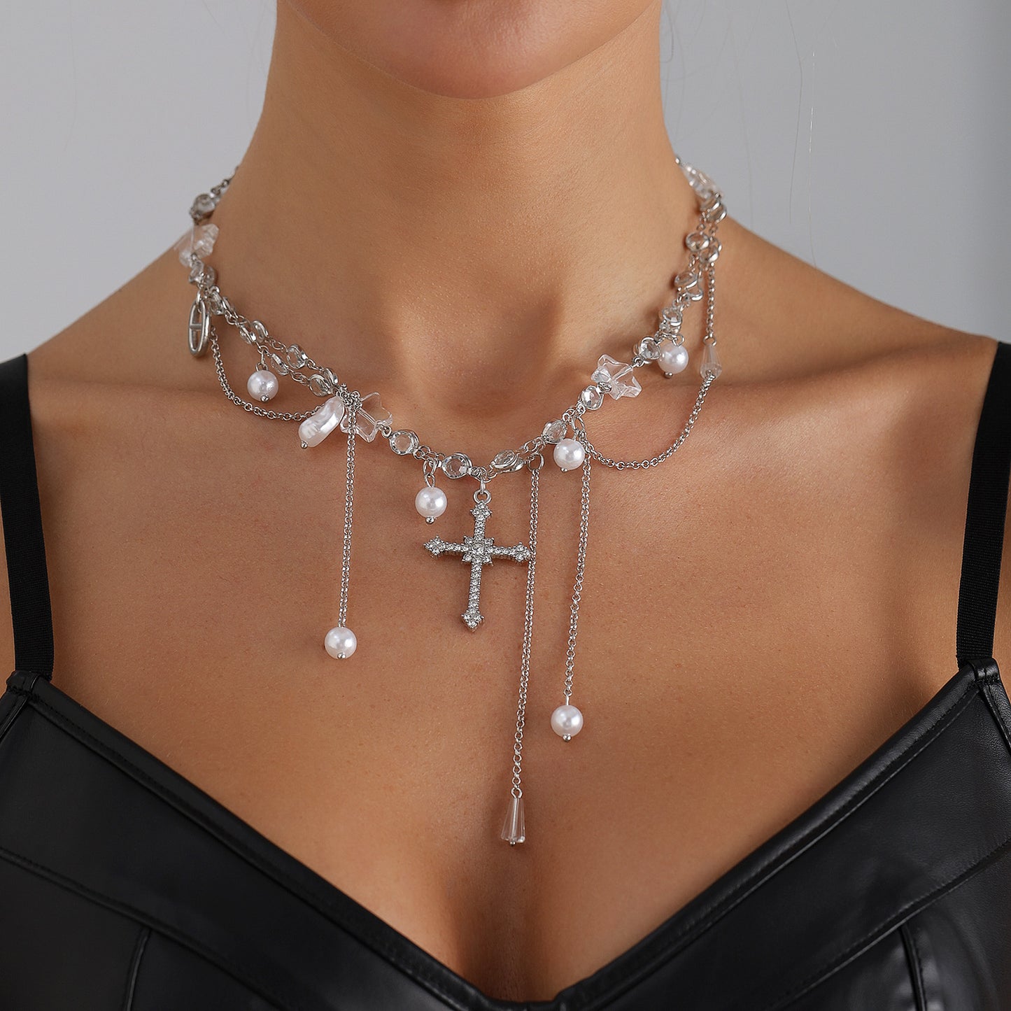Sweet Minimalist Geometric Cross Star Alloy Plated Necklace with Pearl and Crystal Inlay for Women