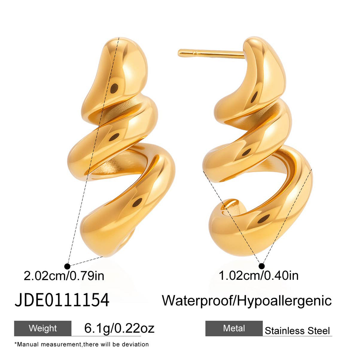 Elegant Geometric Stainless Steel PVD Gold Plated Spiral Stud Earrings for Women