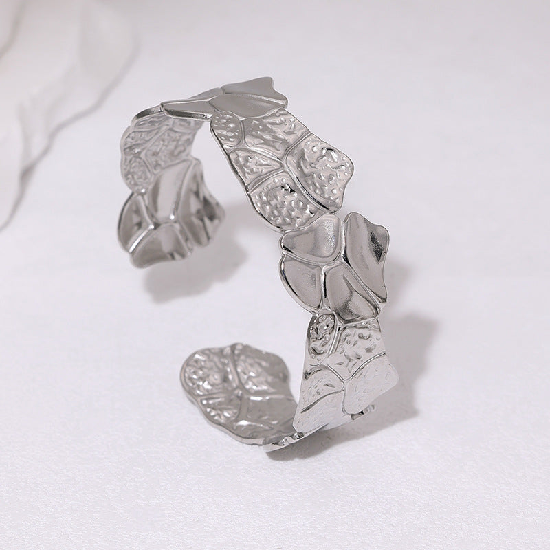 Minimalist Geometric Floral Pattern Plated Stainless Steel Open Cuff Bracelet
