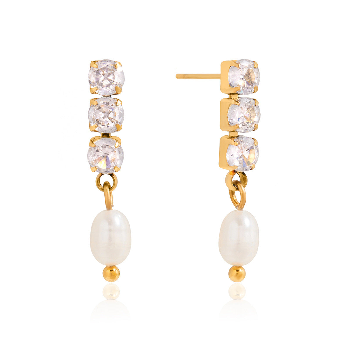 Pendientes de Botón Minimalistas Geométricos de Acero Inoxidable con Acentos de Perlas de Agua Dulce y Baño de Rodio para Mujer