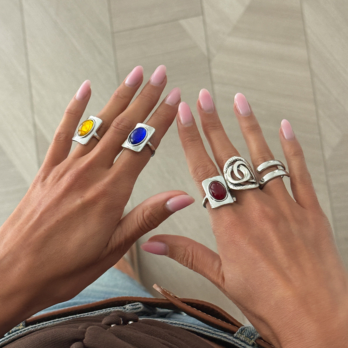 Vintage Square Oval Gemstone Zinc Alloy Plated Ring for Women