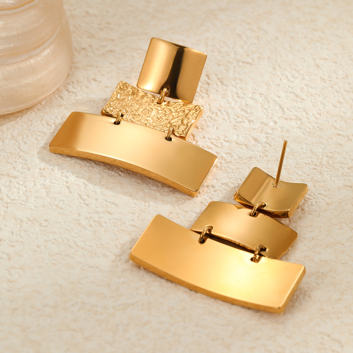 Minimalist Geometric Stainless Steel Earrings with Plated Finish for Women Unique Textured Three-Layer Design