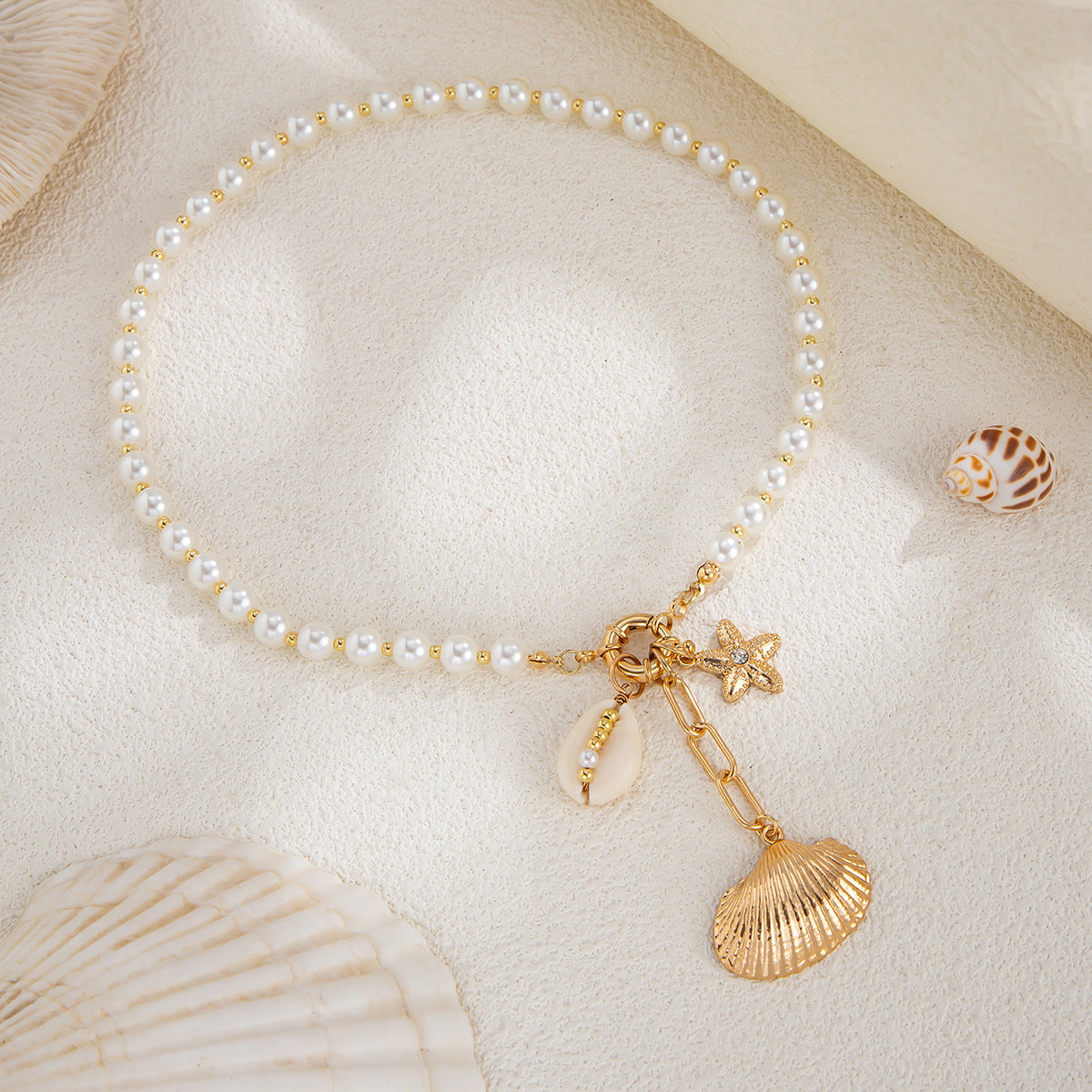 Vintage Baroque Shell Starfish Alloy Pendant Pearl Ball Chain Necklace for Women