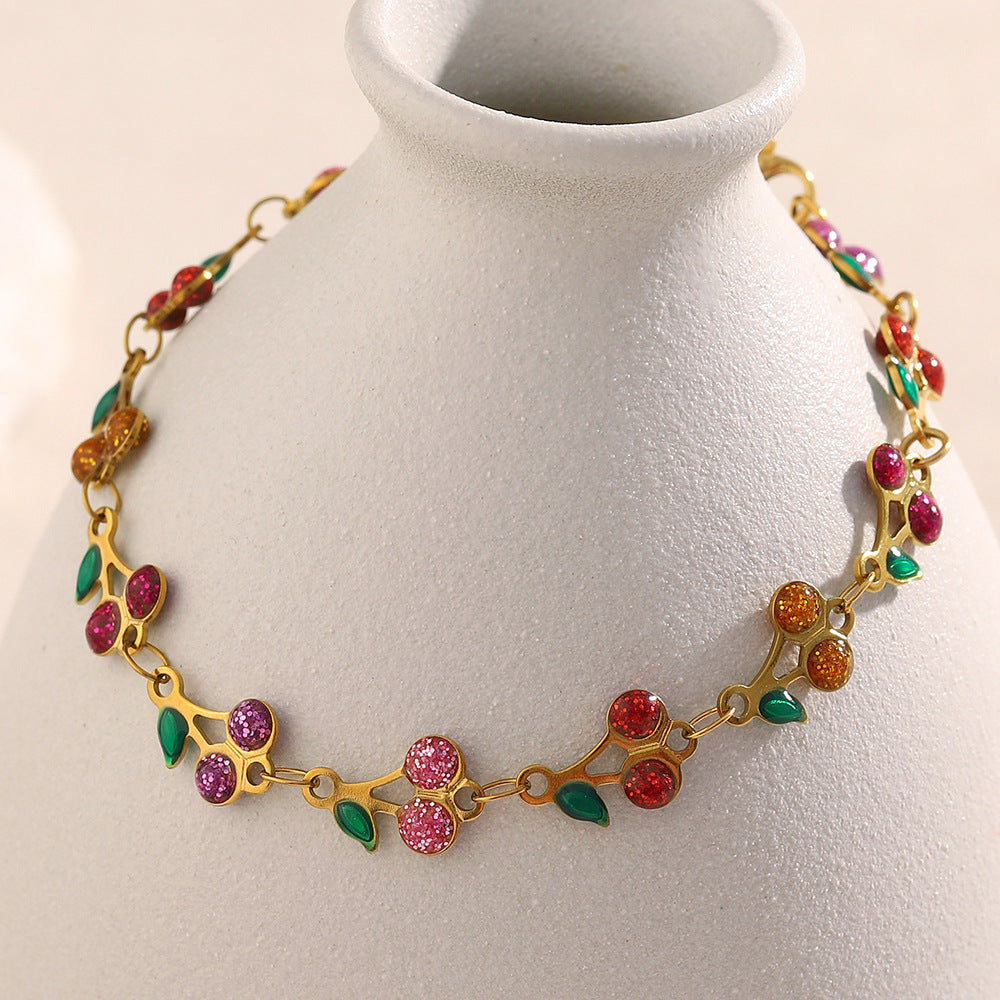 Fashionable Cherry-Shaped Stainless Steel Plated 18K Gold Enamel Bracelet for Women