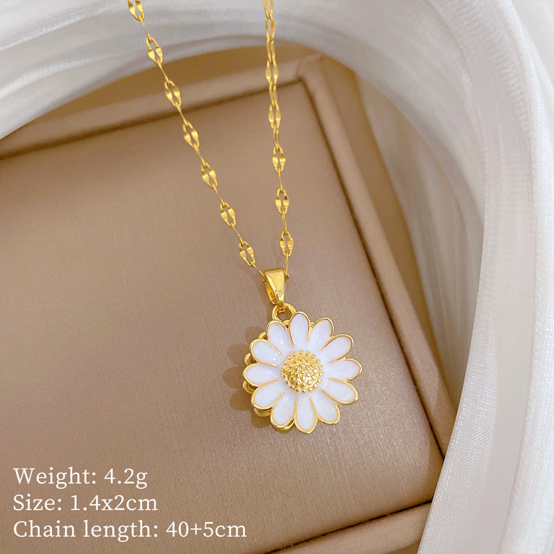 Sweet Elegant Geometric Sunflower Gold Plated Titanium Steel Necklace with Rhinestone Brass Pendant for Unisex