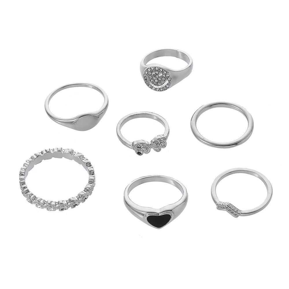 Cool Streetwear Hip-hop Drip Oil Heart Round Geometric Alloy Plated Ring Set with Rhinestone and Crystal for Unisex