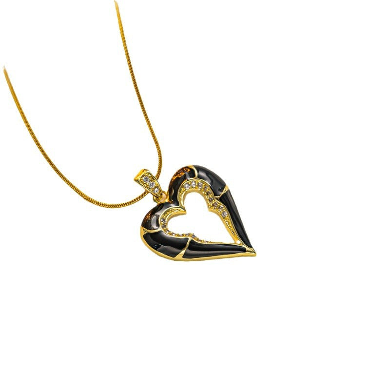 Fashionable Heart-Shaped Titanium Steel Snake Chain Necklace with 18K Gold Plating Enamel Finish and Rhinestone Inlay