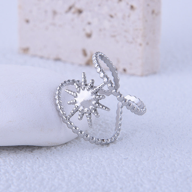 Anillo abierto ajustable de acero de titanio con forma geométrica de sol vintage para mujer con acabado chapado