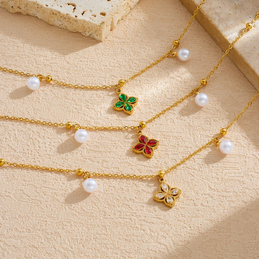 Elegant Business Gold Plated Stainless Steel Square Floral Rhinestone and Imitation Pearl Bracelet