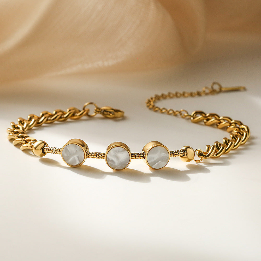 Bracciale geometrico minimalista in acciaio al titanio da donna con intarsio in conchiglia Accessorio di moda d'ispirazione vintage