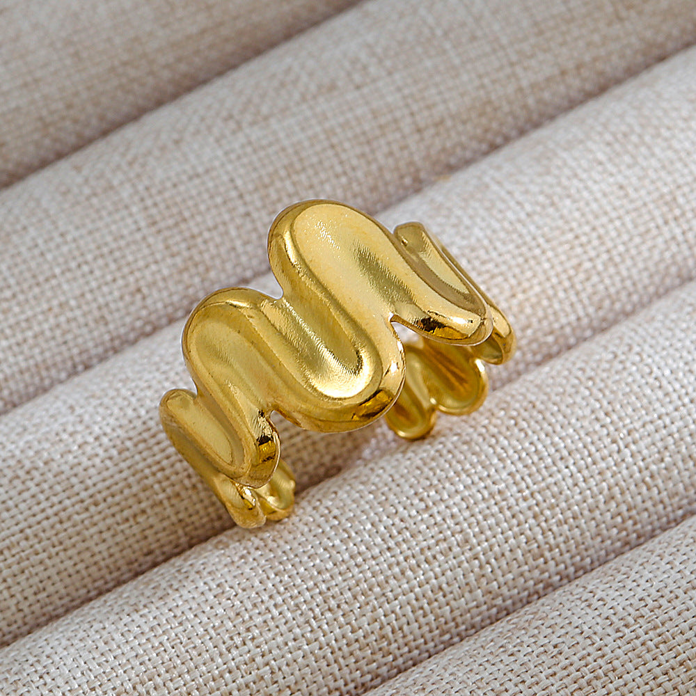 Anillo de Acero Titanio en Forma de U Geométrico Estilo Punk con Baño de Oro de 18K y Piedra Ovalada de Lava Micro-Pavé