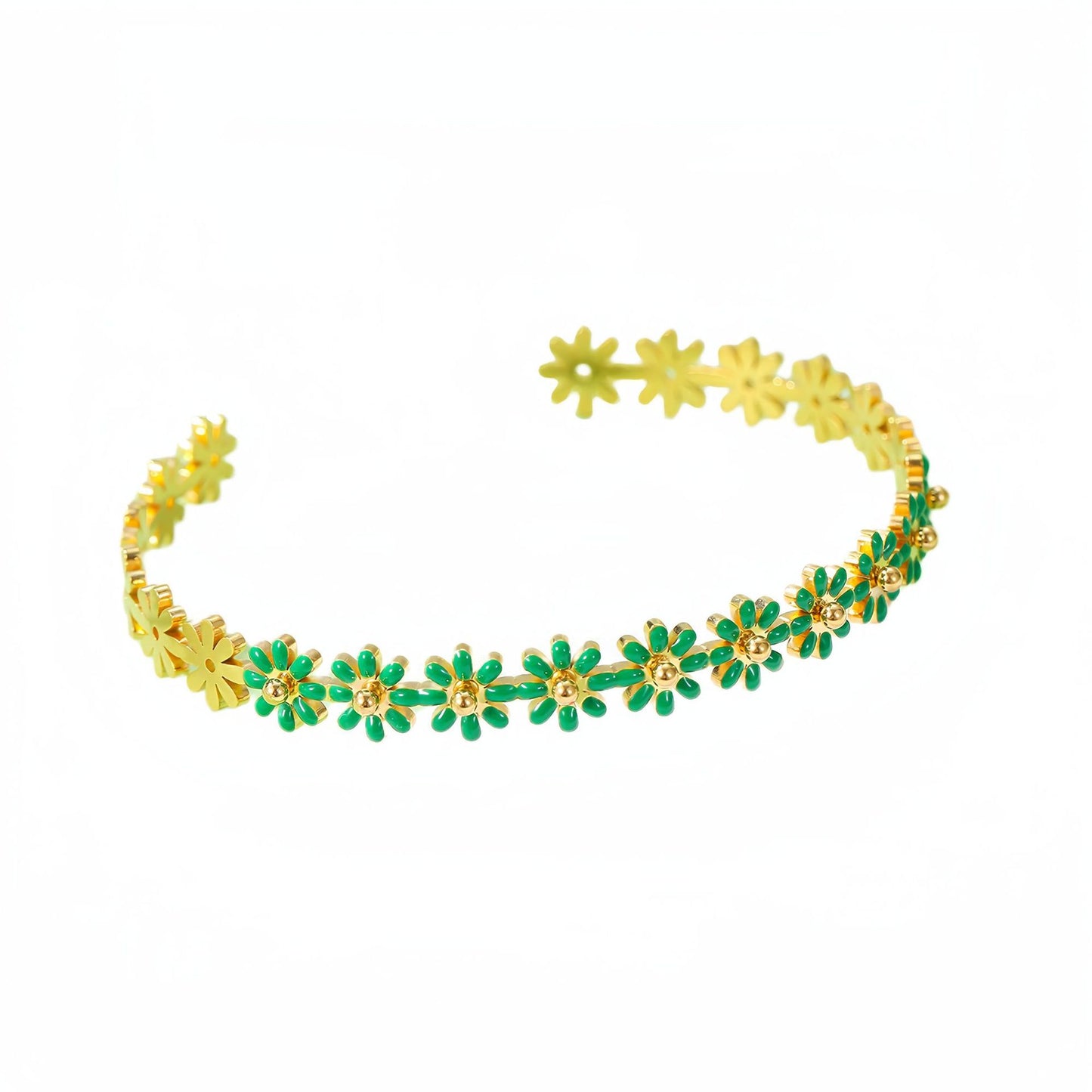 Pulsera de acero titanio con esmalte de margarita fresca y dulce para mujer con acabado chapado