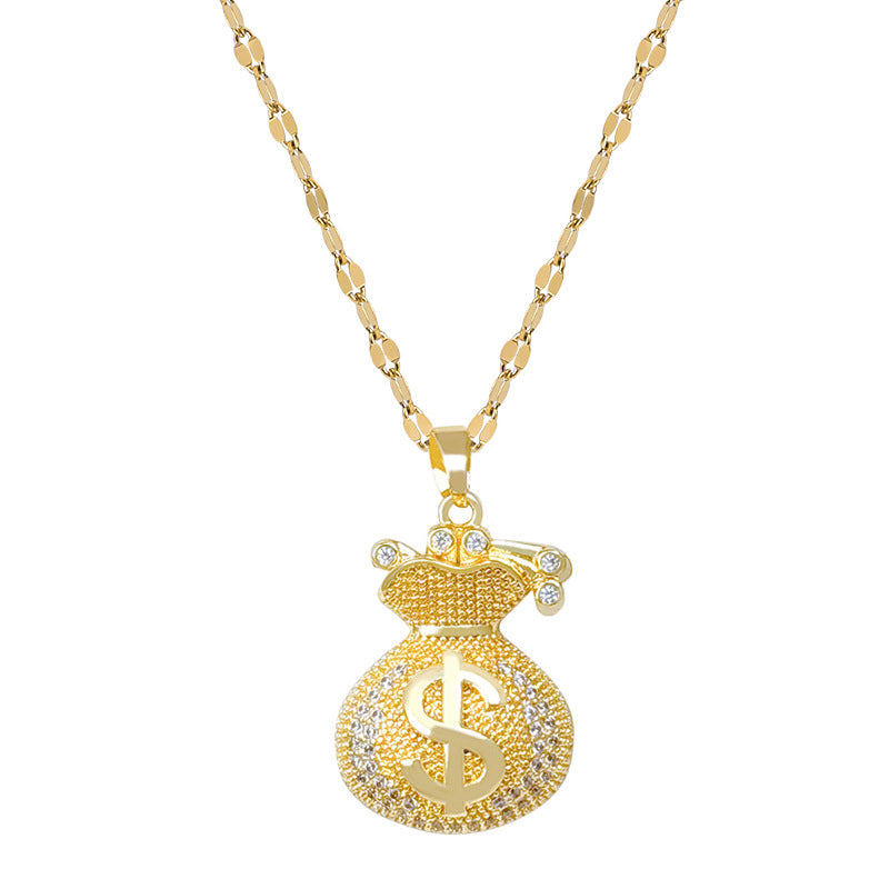 Sweet Geometric Rhinestone Money Bag Pendant Necklace Titanium Steel Cable Chain for Women and Men