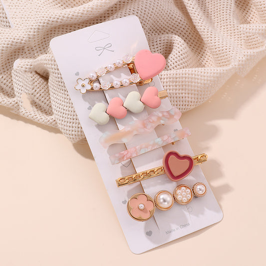 Sweet Heart-Shaped Acrylic Hair Clip with Bow, Floral and Pearl Accents for Kids