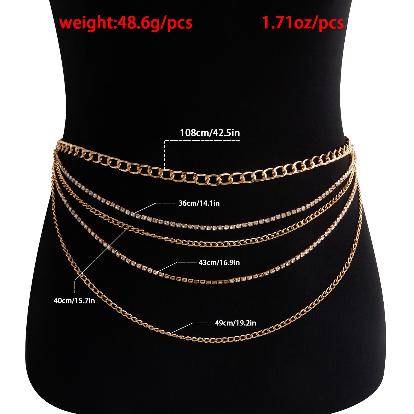 Punk Style Geometric Waist Chain for Women with Metal Body and Rhinestone Inlay Multi-Layer Fringe Body Chain