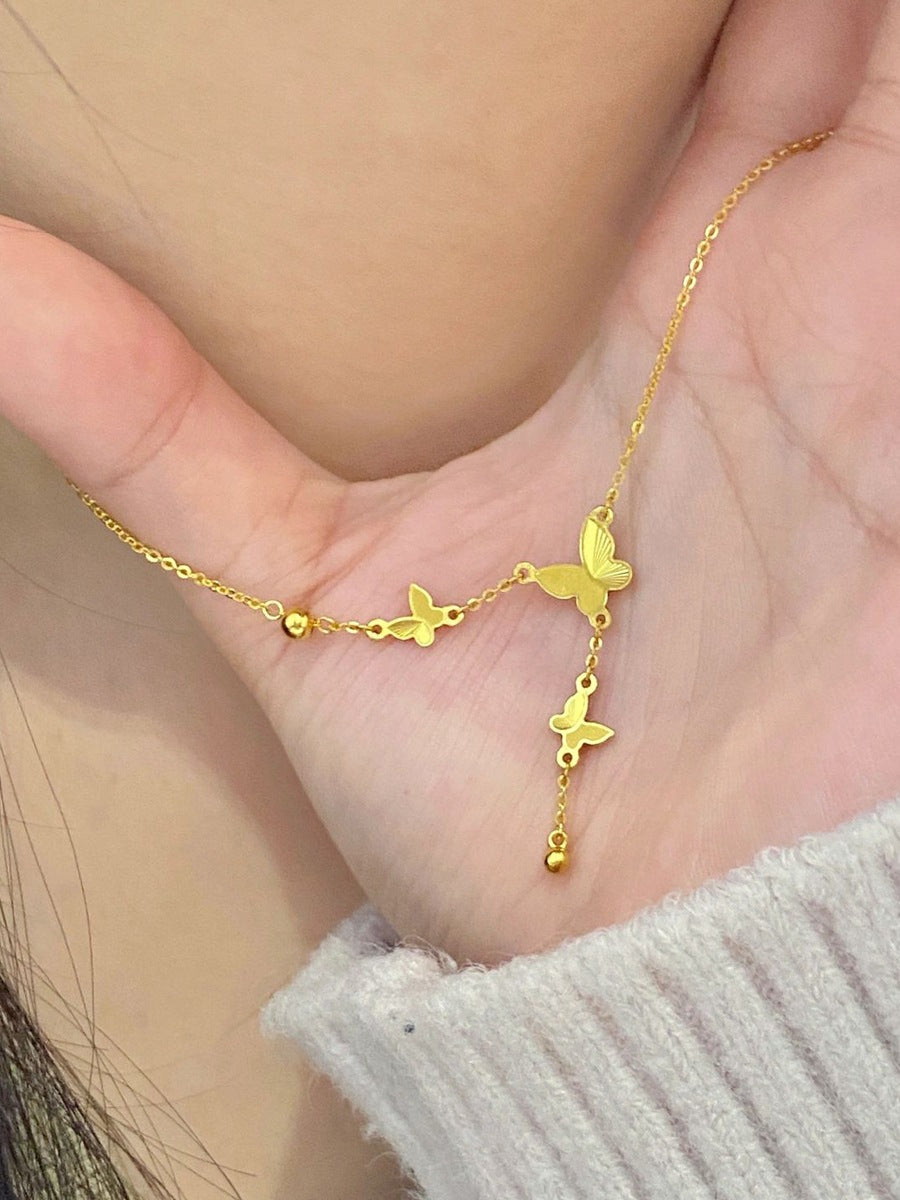 Original Design 18K Gold Plated Titanium Steel Butterfly Tassel Necklace Unisex O-Chain Pendant