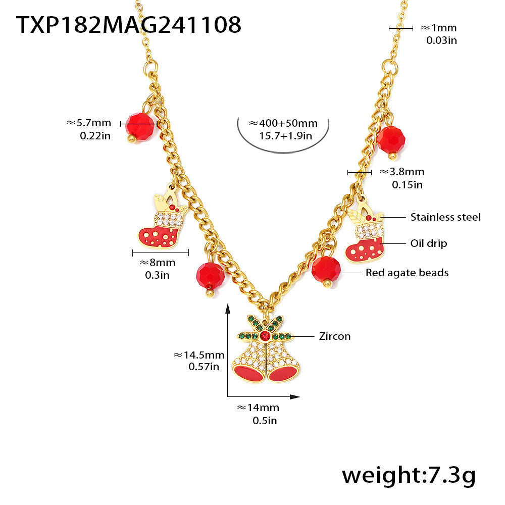 Set Collana con Ciondolo Ruota Panoramica di Lusso con Catena in Acciaio Inossidabile, Intarsio in Zirconi, Ciondolo in Agata Rossa Smaltata e Motivo Campanella Natalizia per Donna