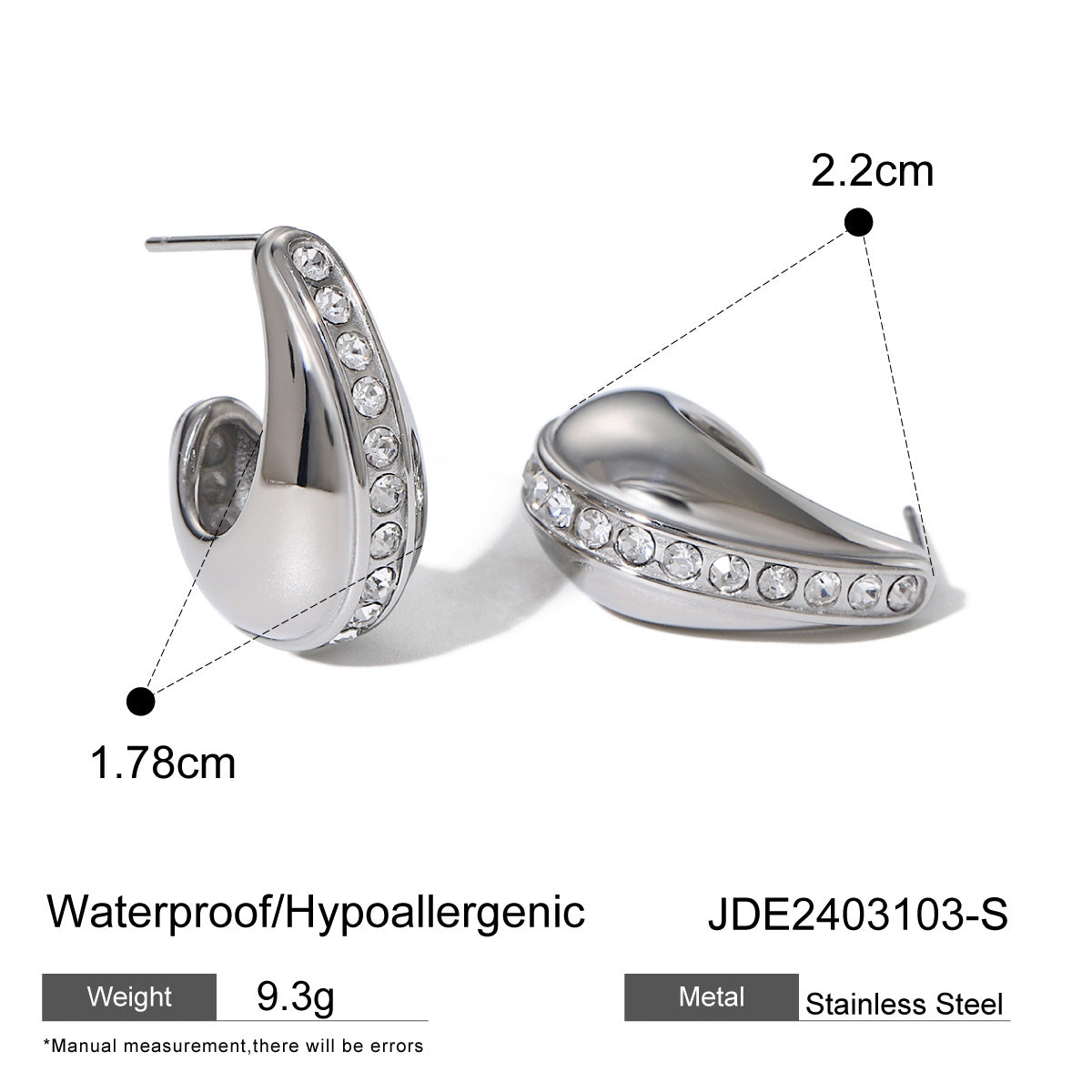 Minimalist Geometric C-Shaped Hollow-Out Rhinestone-Embellished 18K Gold Plated Stainless Steel Earrings for Women