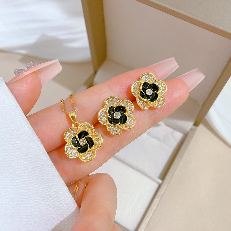Conjunto de collar y pendientes de lujo con microincrustaciones en forma de flor de acero de titanio para mujer, joyería elegante para fiesta