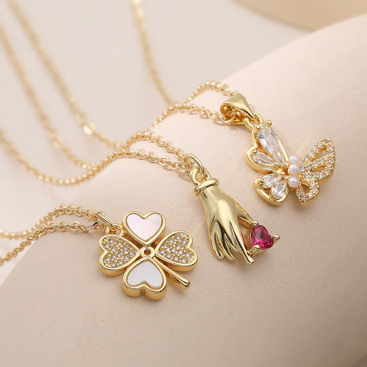 Minimalist Luxury Gold Plated Brass Butterfly Geometric Pendant Necklace with Cubic Zirconia for Women