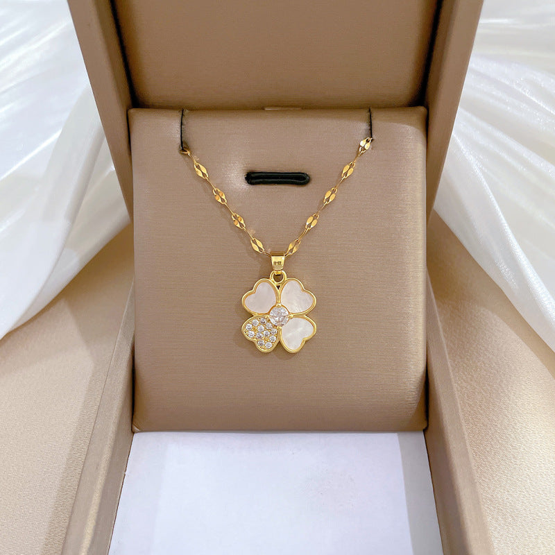 Cartoon Style Clover Shell Geometric Pendant Necklace for Women in Titanium Steel with Rhinestone Inlay Locket Chain